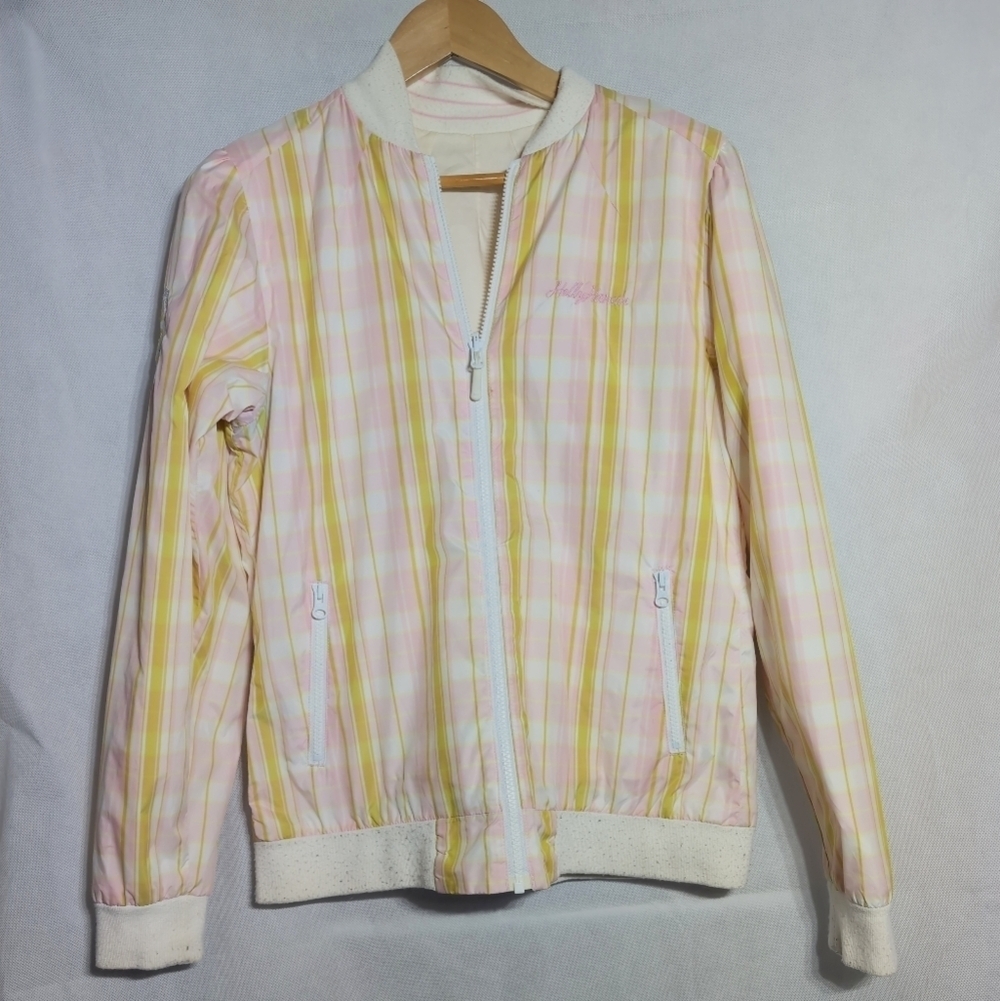 Vintage Helly Hanson Women's Pink and Yellow Plaid Jacket